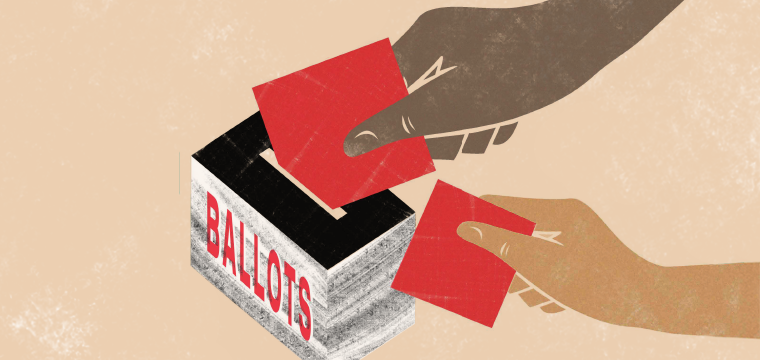 Illustration of hands casting votings in a ballot box