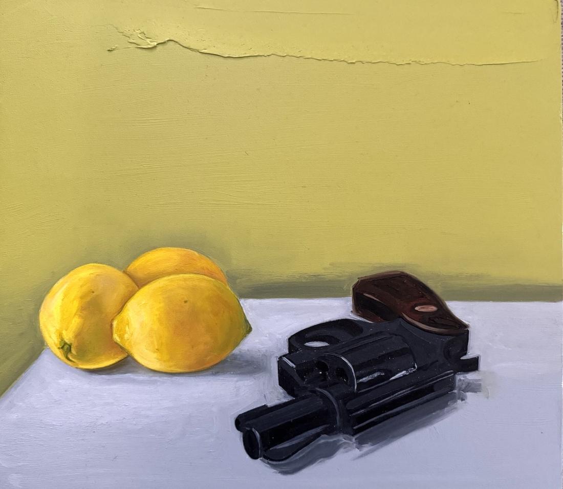 artwork depicting a still-life with a gun and lemons