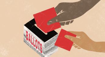 Illustration of hands casting votings in a ballot box