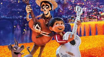 Promotional art for Coco with the main characters of the movie playing guitars