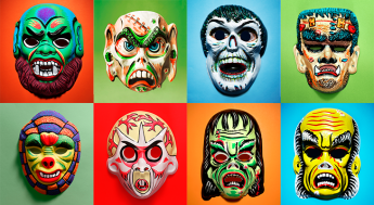 A selection of plastic monster halloween masks on brightly colored backgrounds