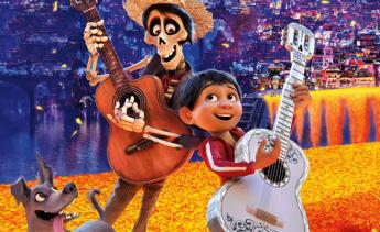 Promotional art for Coco with the main characters of the movie playing guitars