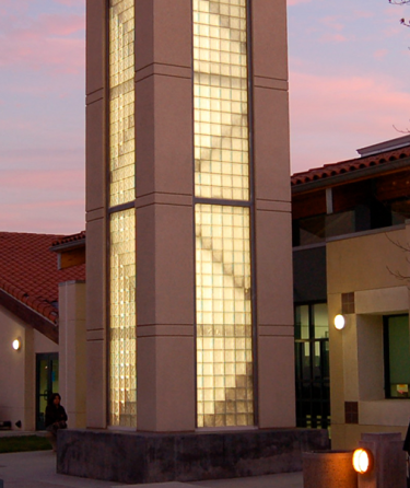 Campus clock tower at sunset