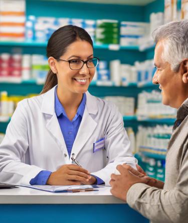 pharmacy personnel speaking to a male patient 