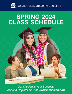 Spring 2024 Class Schedule featuring two female Hispanic students wearing commencement cap and gown and three older female students having a discussion